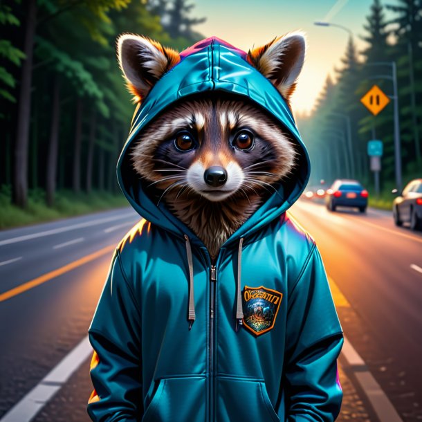 Picture of a raccoon in a hoodie on the road