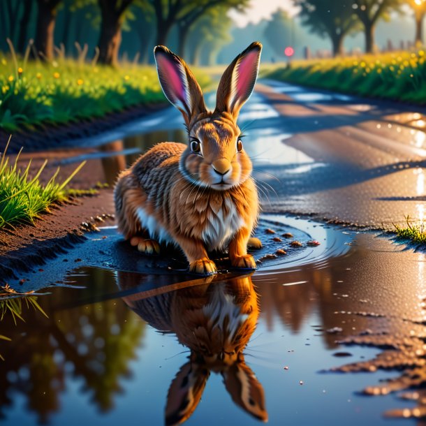 Photo of a waiting of a hare in the puddle