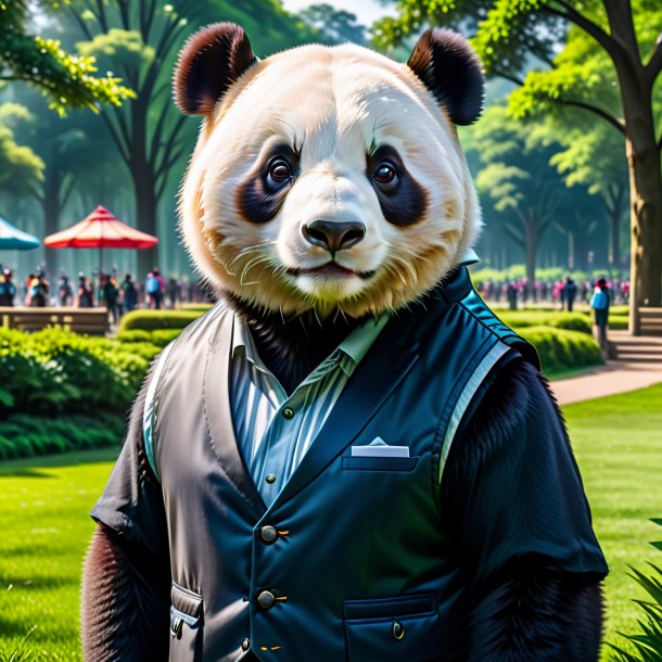 Image of a giant panda in a vest in the park