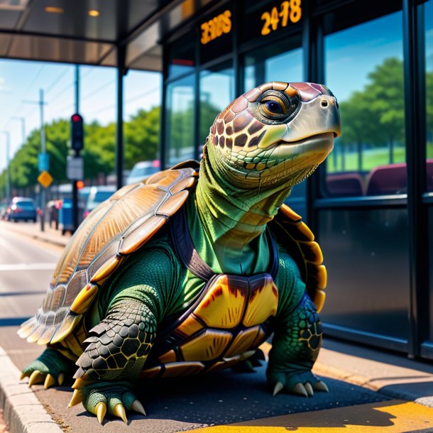 Foto de una tortuga en un chaleco en la parada de autobús