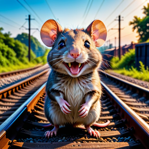 Photo of a smiling of a rat on the railway tracks