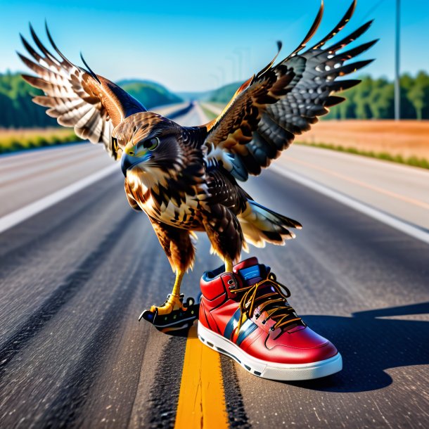 Foto de un halcón en un zapato en la carretera