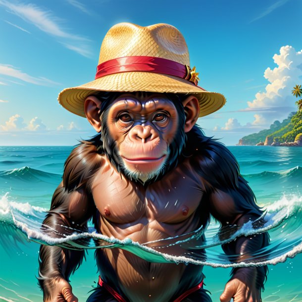 Drawing of a chimpanzee in a hat in the sea