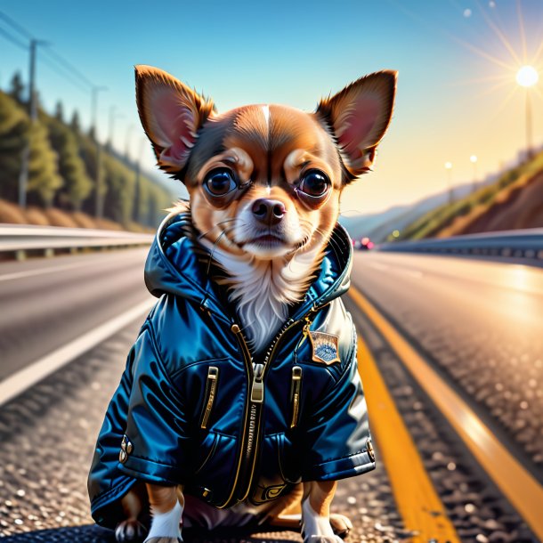 Drawing of a chihuahua in a jacket on the highway