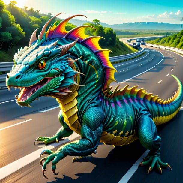 Drawing of a basilisk in a belt on the highway