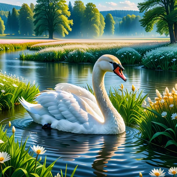 Picture of a swimming of a swan in the meadow