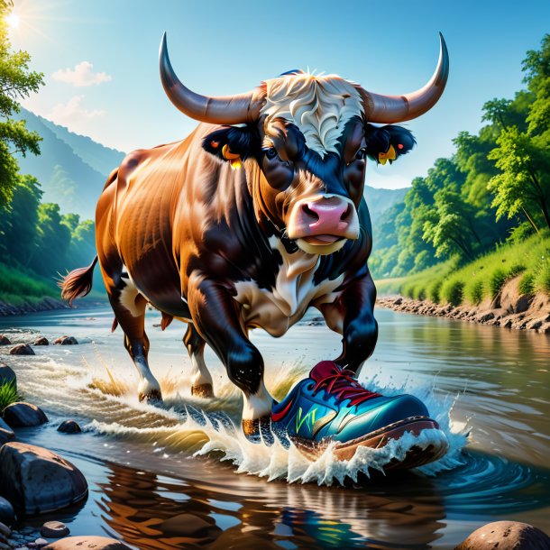 Picture of a bull in a shoes in the river