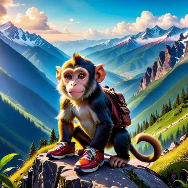 Picture of a monkey in a shoes in the mountains