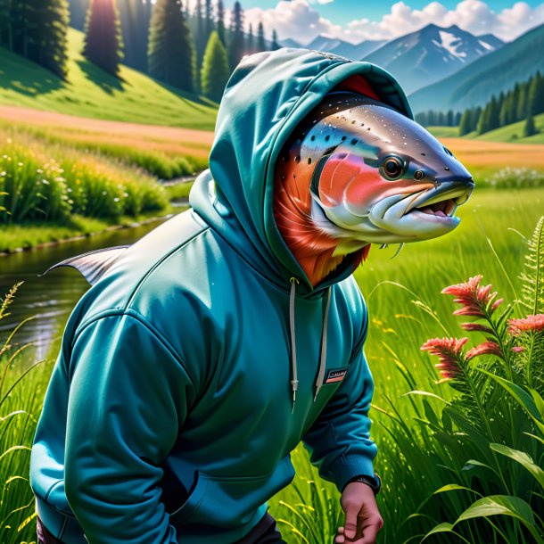 Photo of a salmon in a hoodie in the meadow