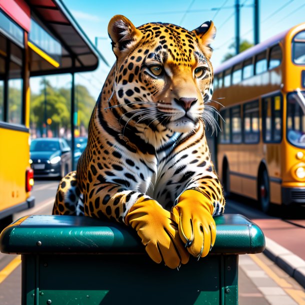 Picture of a jaguar in a gloves on the bus stop