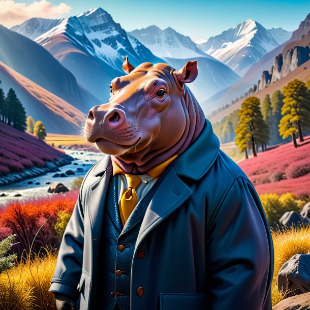 Pic of a hippopotamus in a coat in the mountains