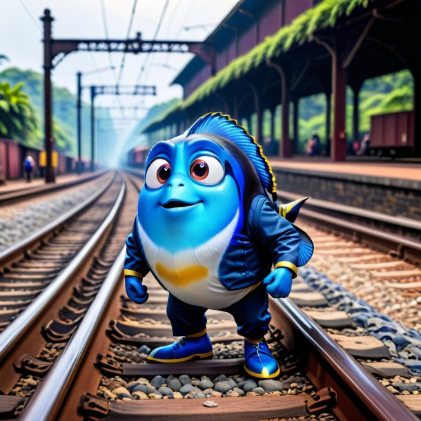 Photo of a blue tang in a trousers on the railway tracks