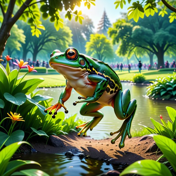 Picture of a jumping of a frog in the park
