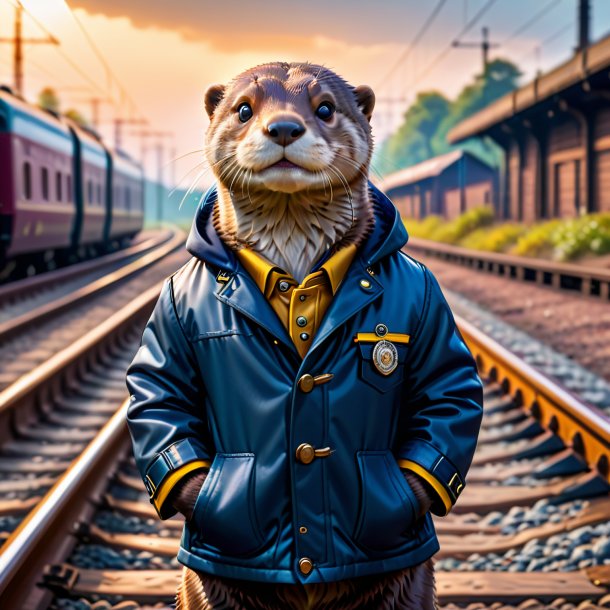 Foto de una nutria en una chaqueta en las vías del tren