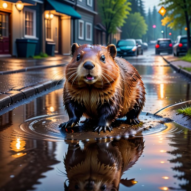 Photo of a beaver in a shoes in the puddle