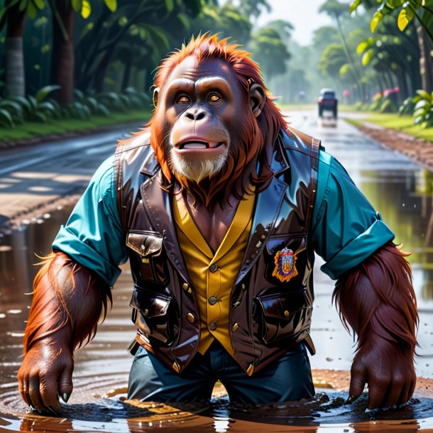 Drawing of a orangutan in a vest in the puddle