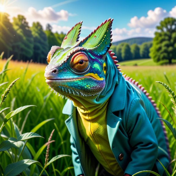 Photo of a chameleon in a coat in the meadow