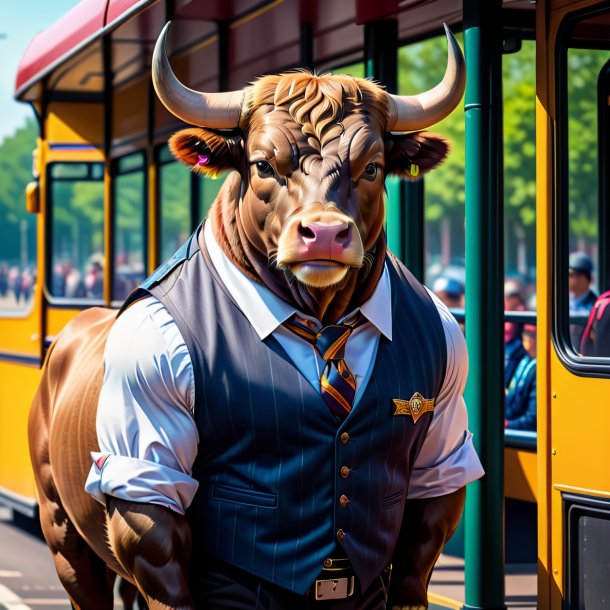 Imagem de um touro em um colete no ponto de ônibus