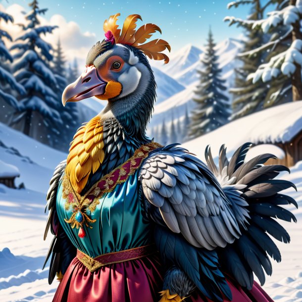 Drawing of a dodo in a dress in the snow