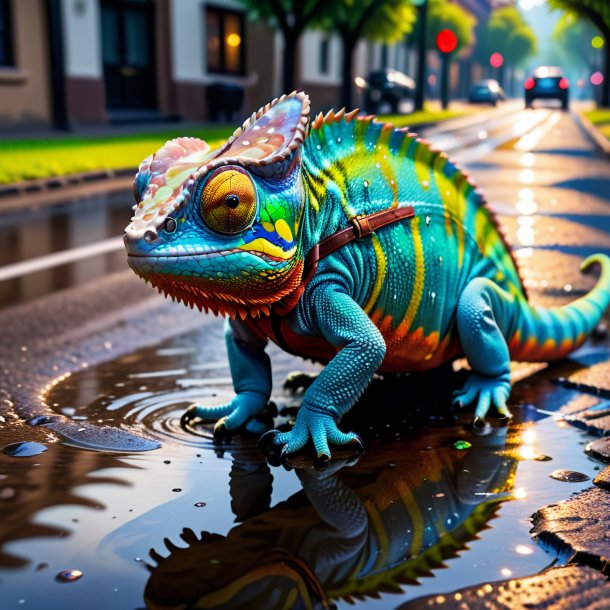 Photo of a chameleon in a belt in the puddle