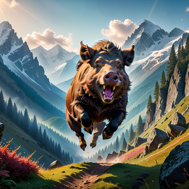 Photo of a jumping of a boar in the mountains