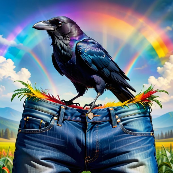 Image of a crow in a jeans on the rainbow