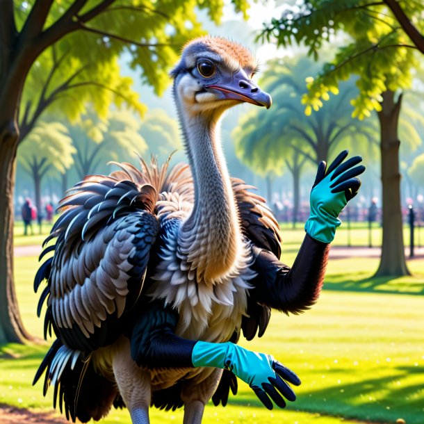 Foto de un avestruz en guantes en el parque