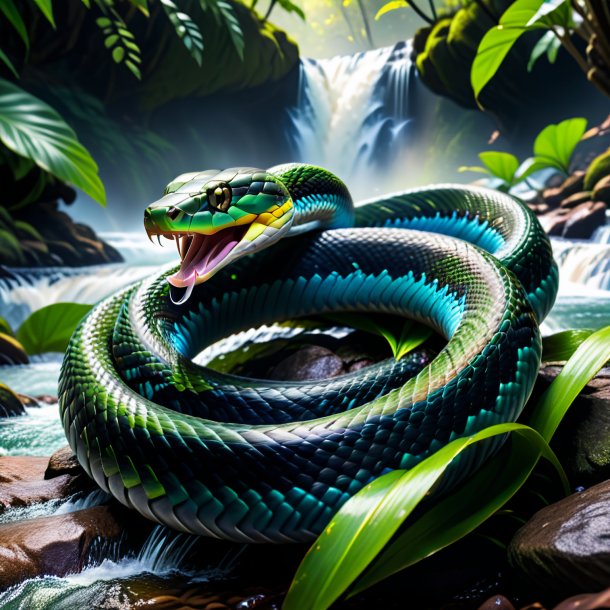 Picture of a snake in a belt in the waterfall