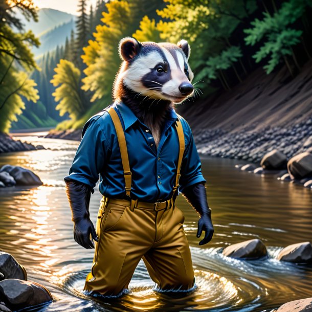 Image of a badger in a trousers in the river