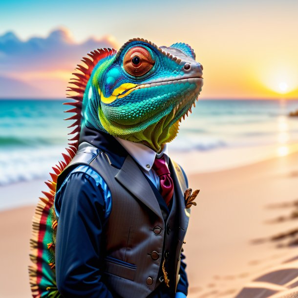 Photo of a chameleon in a vest on the beach