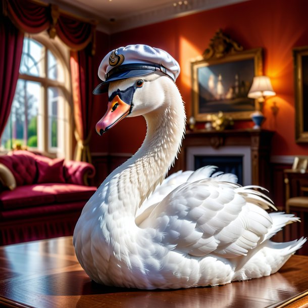 Photo of a swan in a cap in the house