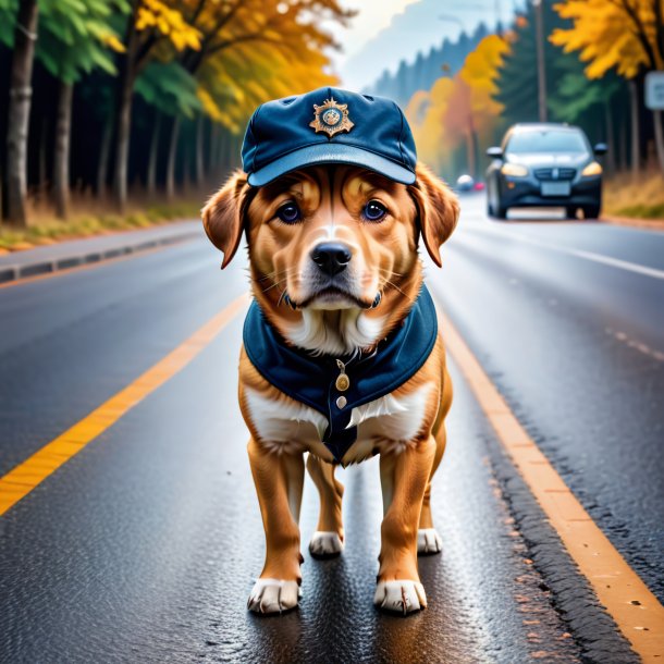 Picture of a dog in a cap on the road