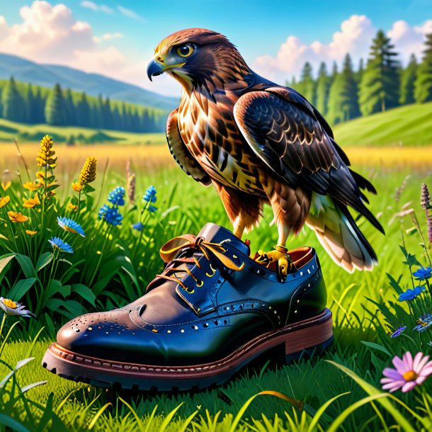 Image of a hawk in a shoes in the meadow