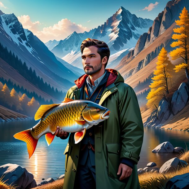 Illustration of a carp in a coat in the mountains