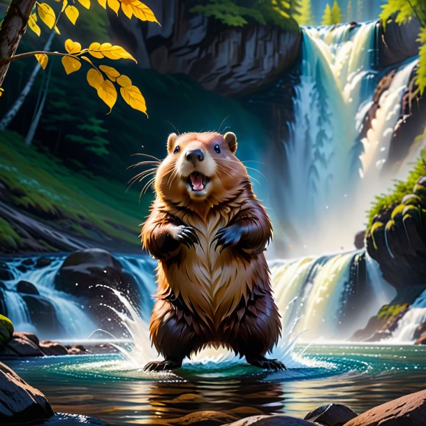 Photo of a dancing of a beaver in the waterfall