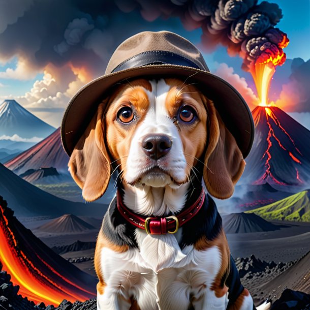 Pic of a beagle in a hat in the volcano