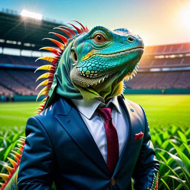 Foto de uma iguana em uma jaqueta no campo