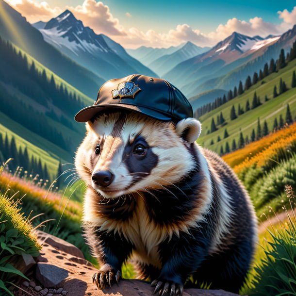 Pic of a badger in a cap in the mountains