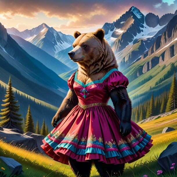 Desenho de um urso em um vestido nas montanhas