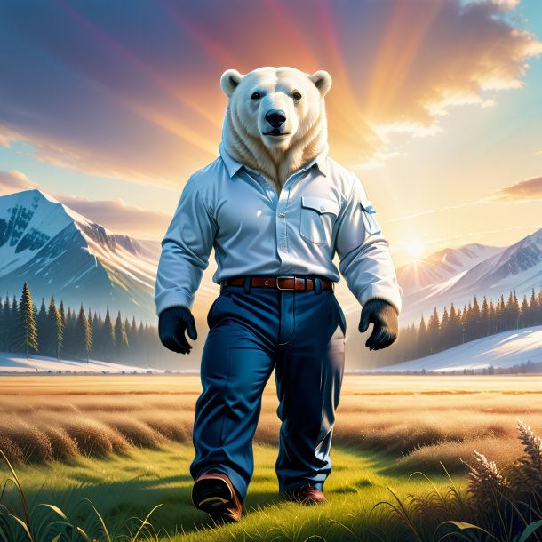 Illustration of a polar bear in a trousers on the field