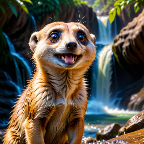 Pic of a smiling of a meerkat in the waterfall