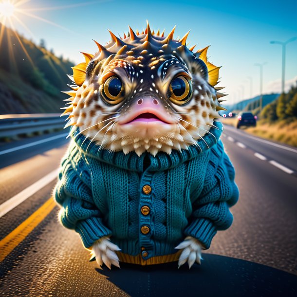 Image of a pufferfish in a sweater on the highway