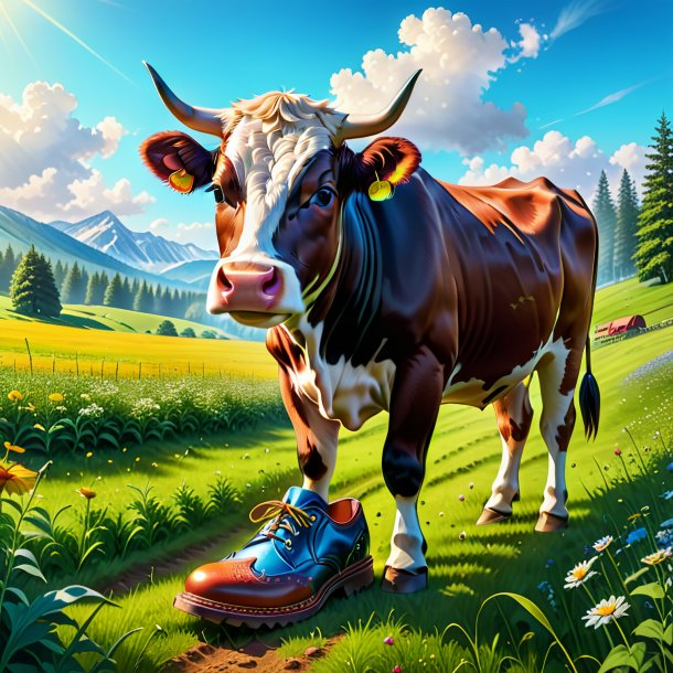 Dessin d'une vache dans une chaussure dans la prairie