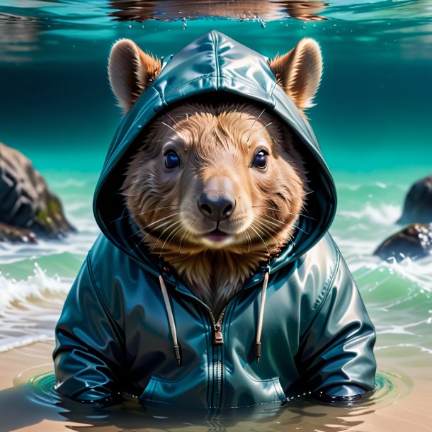 Picture of a wombat in a hoodie in the water