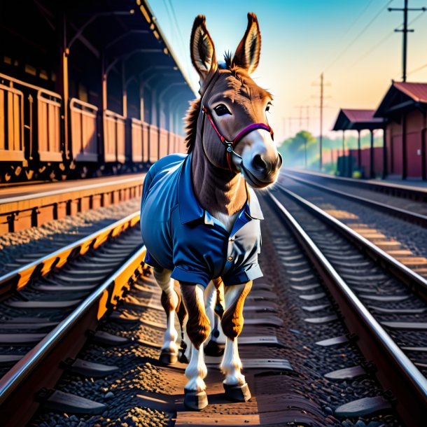 Pic of a donkey in a trousers on the railway tracks