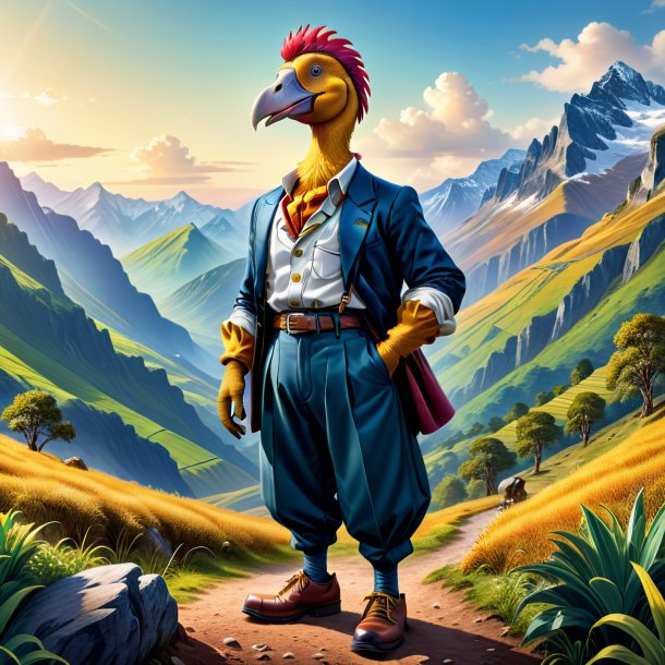 Illustration of a dodo in a trousers in the mountains