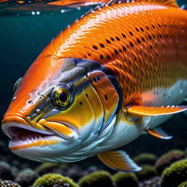 Foto de un salmón en un suéter de naranja