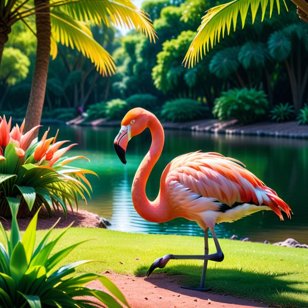 Image of a resting of a flamingo in the park