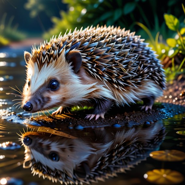 Image of a swimming of a hedgehog in the puddle