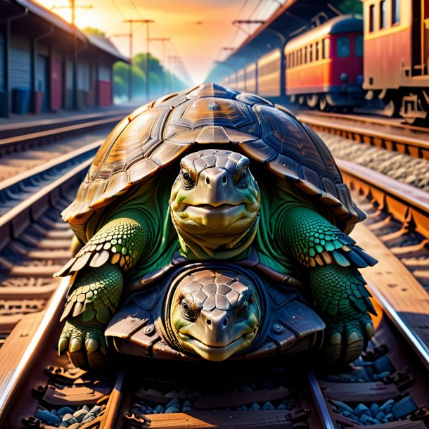 Image of a tortoise in a shoes on the railway tracks